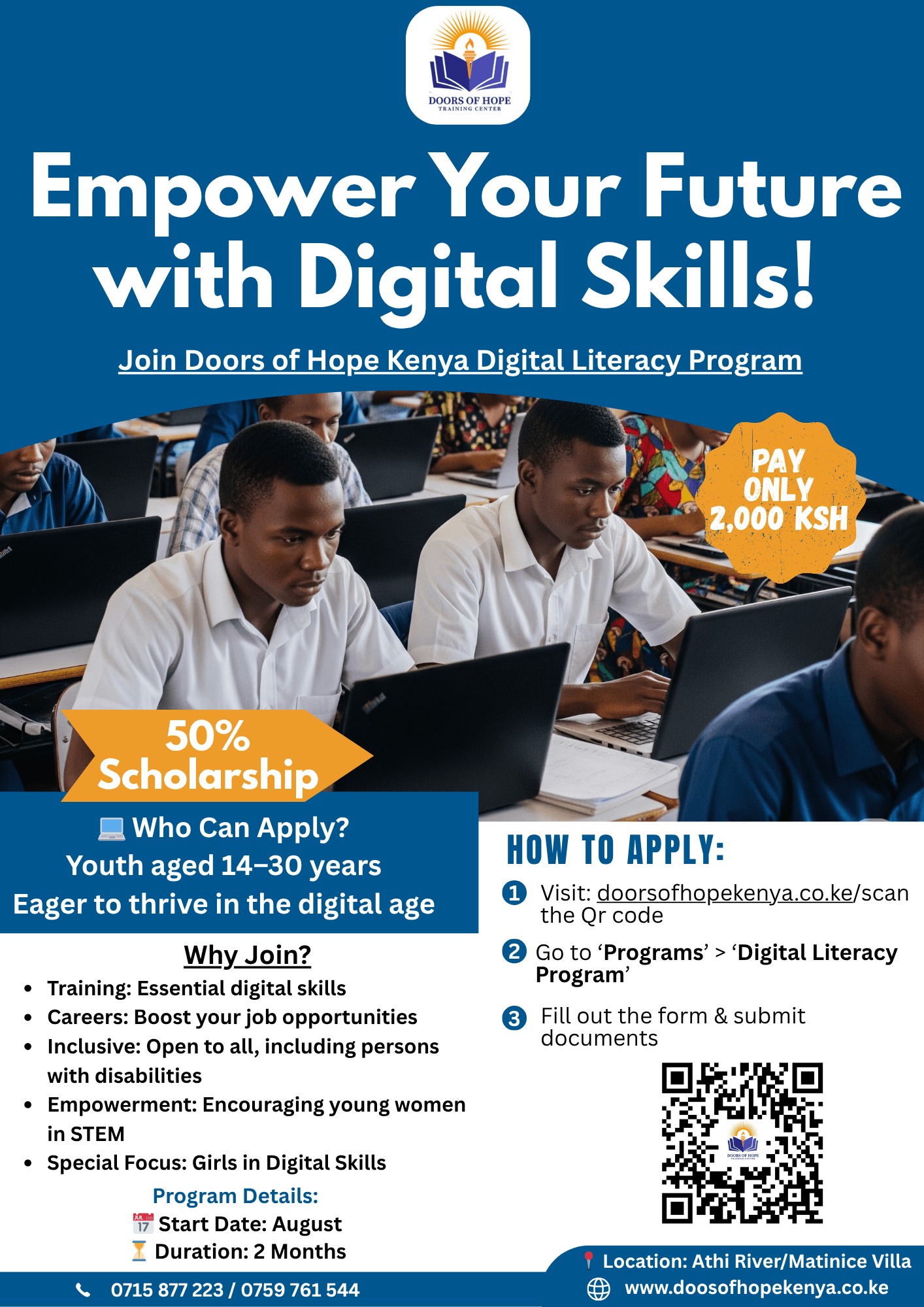 Young people learning computer skills at Doors of Hope Kenya Digital Literacy Program